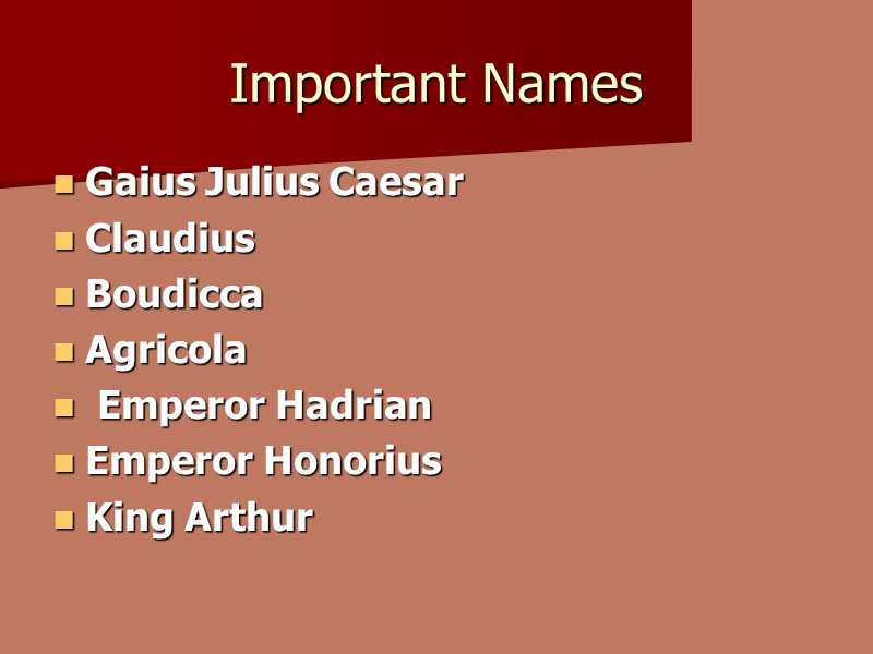 Important Names Gaius Julius Caesar  Claudius Boudicca Agricola   Emperor Hadrian 